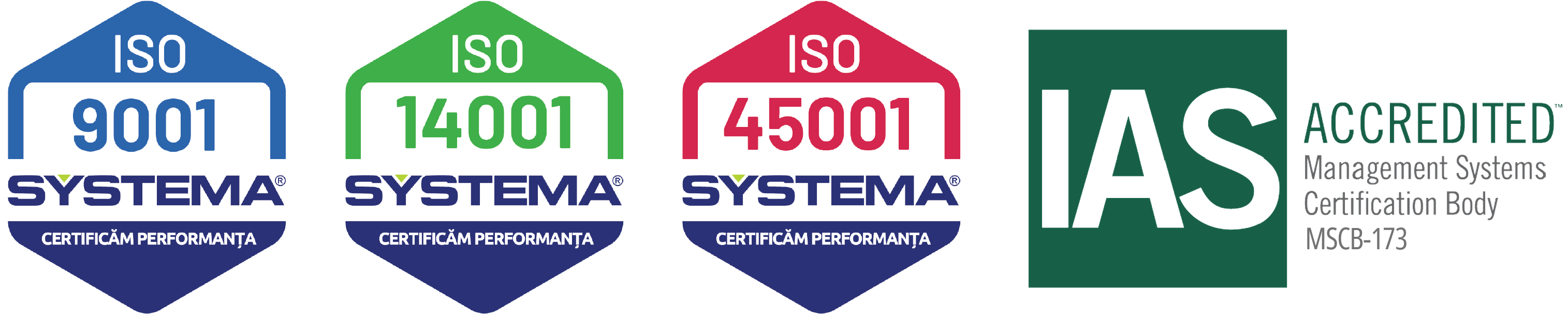 Mărci Systema ISO 9001, ISO 14001, ISO 45001 și organism de certificare sisteme de management acreditat IAS MSCB-17333